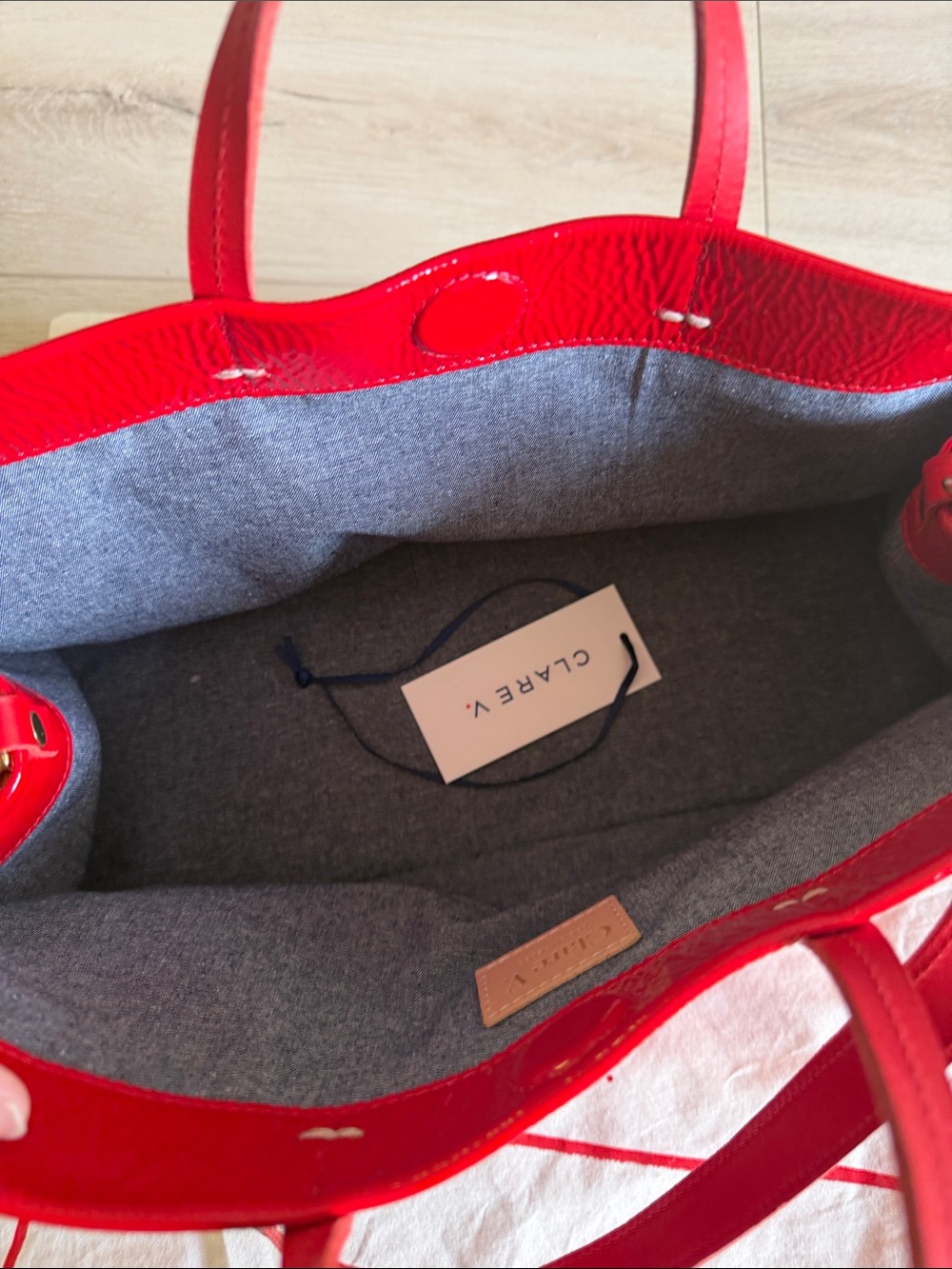 Clare V. Patent Leather Tote in Bright Red with Shoulder Strap - Picture 3 of 6